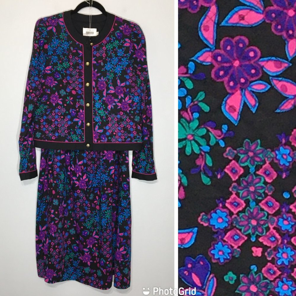 Vintage 80s Quilted Jacket and Skirt Set, Black Floral Vibrant Day Glow, Retro